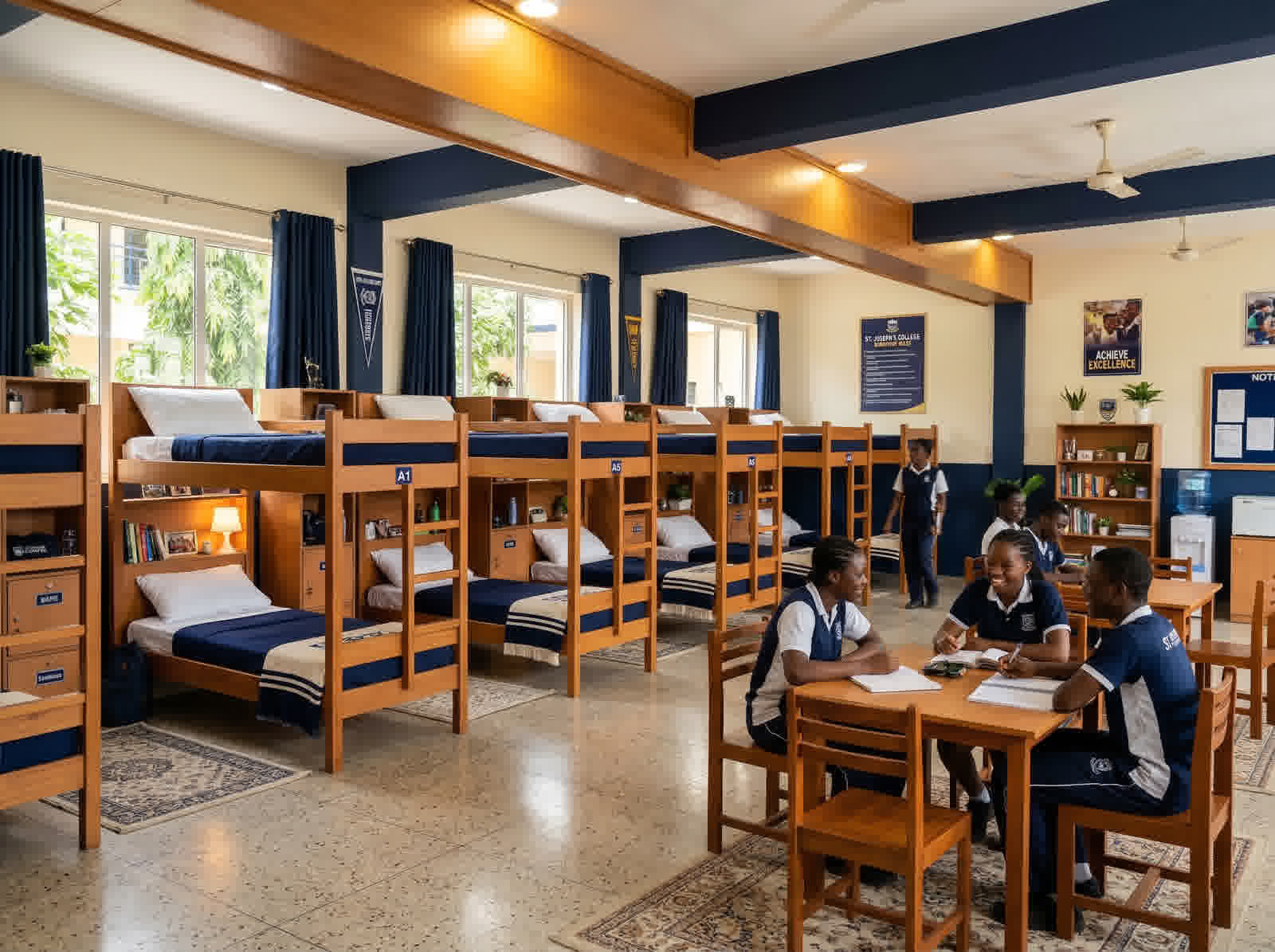 Well-maintained dormitory at Incubators Secondary Academy with students studying