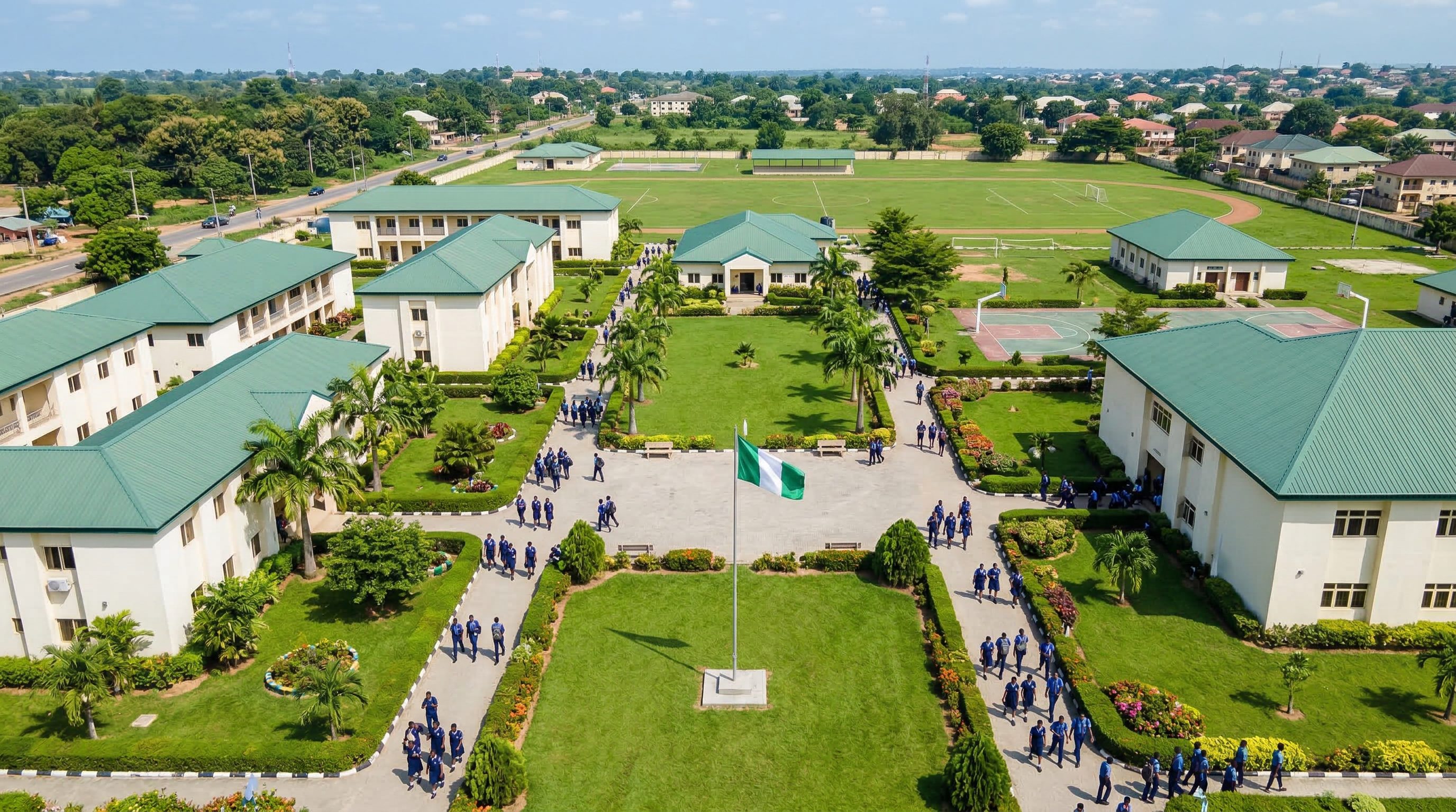 Incubators Secondary Academy campus with students in navy blue uniforms
